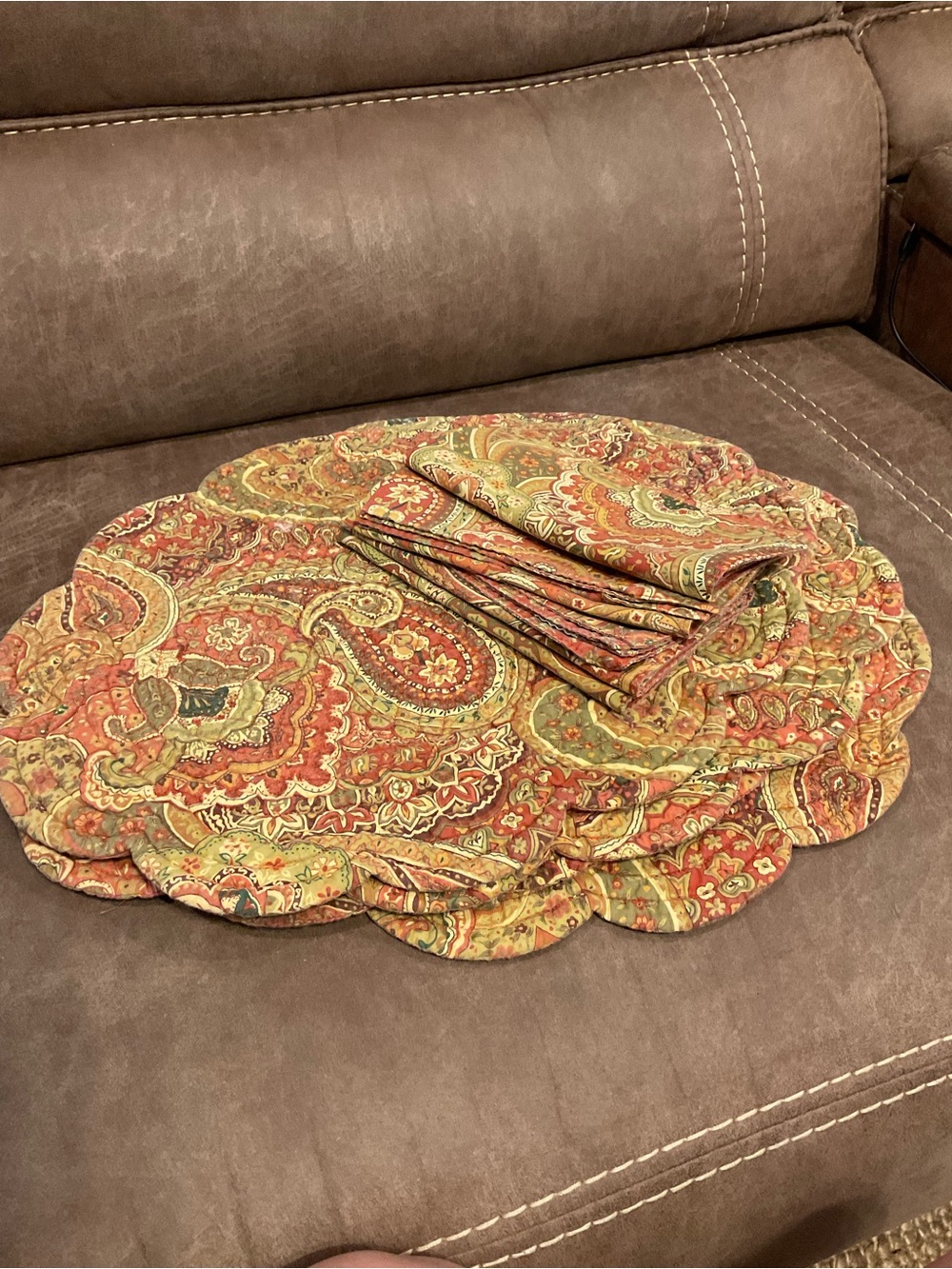 Tangiers Reddish Orange Paisley Quilted Placemats and Napkins